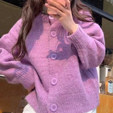 針織開衫秋冬2021新款韓版紫色毛衣外套女寬松溫柔軟糯慵懶風上衣