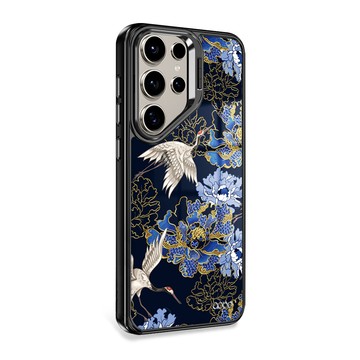 APBS Samsung S26/S25/S24/S23系列 防摔合金框隱形立架手機殼-浮世繪牡丹與鶴-黑框