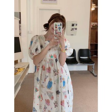 韓版ibitbit夏可愛卡通小狗泡泡袖睡裙純棉寬松連衣裙家居服長裙