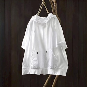 設計所在 棉麻隨性風 口袋連帽短袖T恤休閒套頭上衣(8色可選)