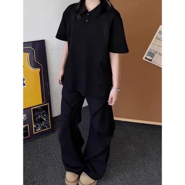 美式正肩短袖polo衫男寬松夏季重磅體恤休閑翻領T恤cleanfit半袖