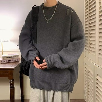 破洞毛衣男秋季設計感美式高街慵懶高級感痞帥針織衫潮牌小衆外套