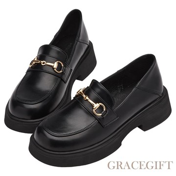 【Grace Gift】樂福鞋 包鞋 皮鞋【圓頭馬銜扣輕量中跟樂福鞋】3色 35-40號 厚底 樂福鞋女