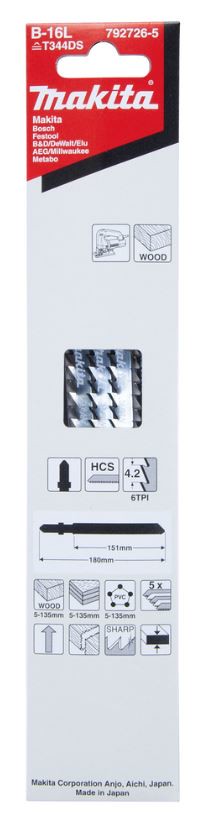 MAKITA 牧田 792726-5 B-16L 線鋸片 5入 高碳素鋼 直線切割 木材 塑料 快速切割厚材料