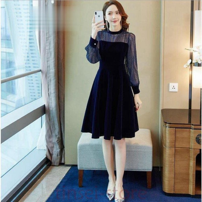 ワンピース レデイース 秋 冬 ドレス ベロアワンピース 膝丈 ハイネック 長袖 レース 無地 着痩せ 大人 二次会 通販 Lineポイント最大get Lineショッピング