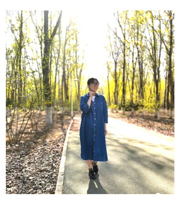 拾棄植物藍染長款亞麻襯衫連衣裙indigo