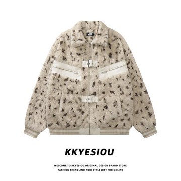 KKyesiou美式復古豹紋潮牌情侶棉衣外套男女夾棉學院風羊羔絨外套