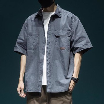 大碼300斤日系復古工裝短袖襯衫男裝夏季美式水洗上衣服水洗襯衣2