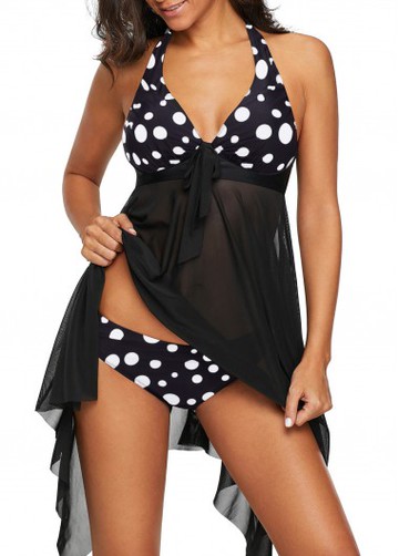 Polka Dot Asymmetric Hem Halter Swimdress and Panty