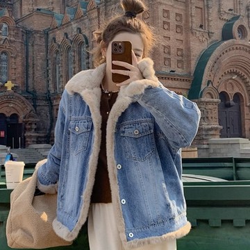 La Belleza顯瘦不臃腫韓版內裡保暖加絨加厚柔軟仿水貂毛毛連帽側口袋保暖毛毛袖牛仔外套