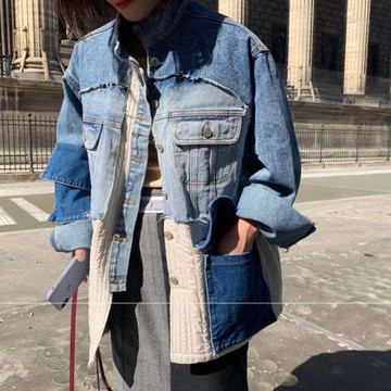 2025早春新款男女情侶牛仔拼接外套大碼寬松休閑復古嘻哈上衣棉服