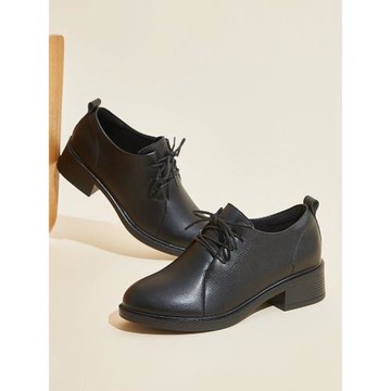 秋冬加絨黑色深口系帶皮鞋圓頭粗跟4cm女單鞋職業工鞋面試正裝鞋