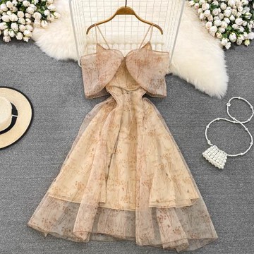 高級感蝴蝶結吊帶裙2025夏季韓版名媛氣質收腰顯瘦a字禮服連衣裙