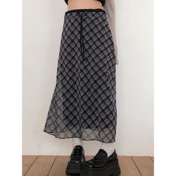 ROCKMORE【青春文學】文藝少女感輕薄網紗格子半身裙顯瘦百搭長裙
