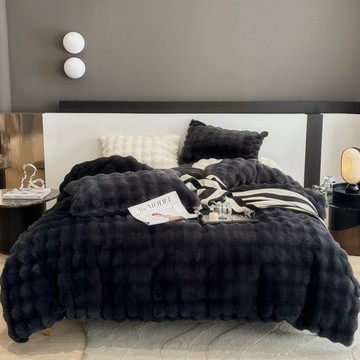 夢之語 牛奶絨床包兩用被套4件組 托斯卡納兔毛泡泡毯  墨灰色  床包 + 被套 + 枕套 2個  Queen Size