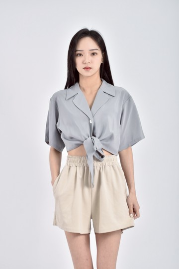 (M) 修身短版雪紡前綁帶灰藍色短袖上衣