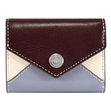 TORY BURCH 漆面皮革拼接撞色扣式三折零錢小短夾(酒紅/灰)