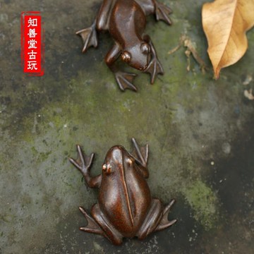 紫銅小青蛙茶寵小擺件實心銅手把件茶道趣玩蓋置古玩銅雕件老銅器