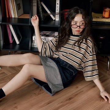 OB嚴選中大尺碼-棉質配色條紋寬鬆短袖上衣(附披肩)《AB20918》