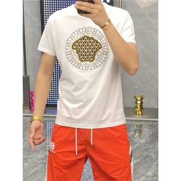 短袖t恤男2023夏季新款青春時尚個性燙鉆休閑半袖上衣修身韓版潮