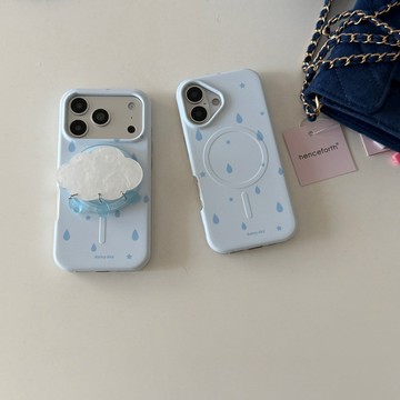 淺藍雨滴菲林磁吸手機殼適用蘋果17PROMAX雲朵支架殼iPhone16/15P
