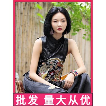 中式背心女中國風小個子民族風馬甲女短款復古繡花無袖馬夾緞面