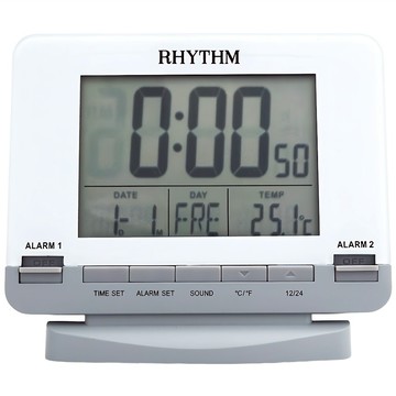 RHYTHM 日本麗聲時計 簡約時尚雙鬧鈴夜燈日期溫度顯示電子鬧鐘  簡約純白