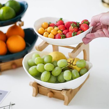 撿漏雙層陶瓷水果盤水果籃子送禮品家用果盆創意果盆竹木底座收納