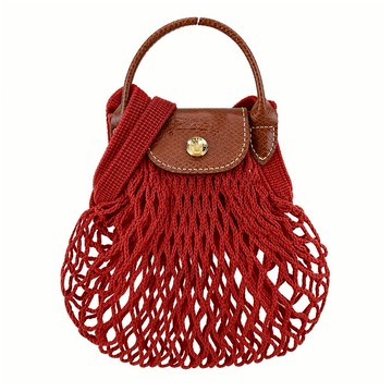 [平輸版]LONGCHAMP LE PLIAGE FILET系列網狀棉質手提/斜背兩用包(迷你/桃花心木)真品平輸