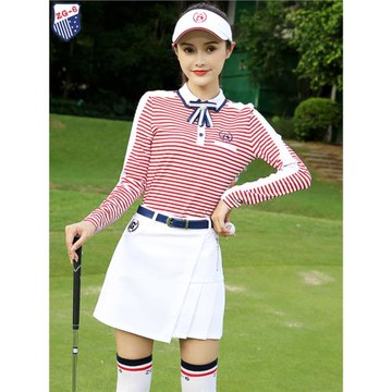 春秋新款ZG6高爾夫球服裝女衣服女裝長袖紅色條紋上衣白色短裙褲