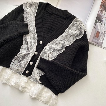 蕾絲拼接短款毛衣開衫女新款冬季針織衫秋冬設計感小眾外套