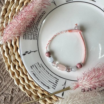 粉摩根石貔貅古錐編織手鍊