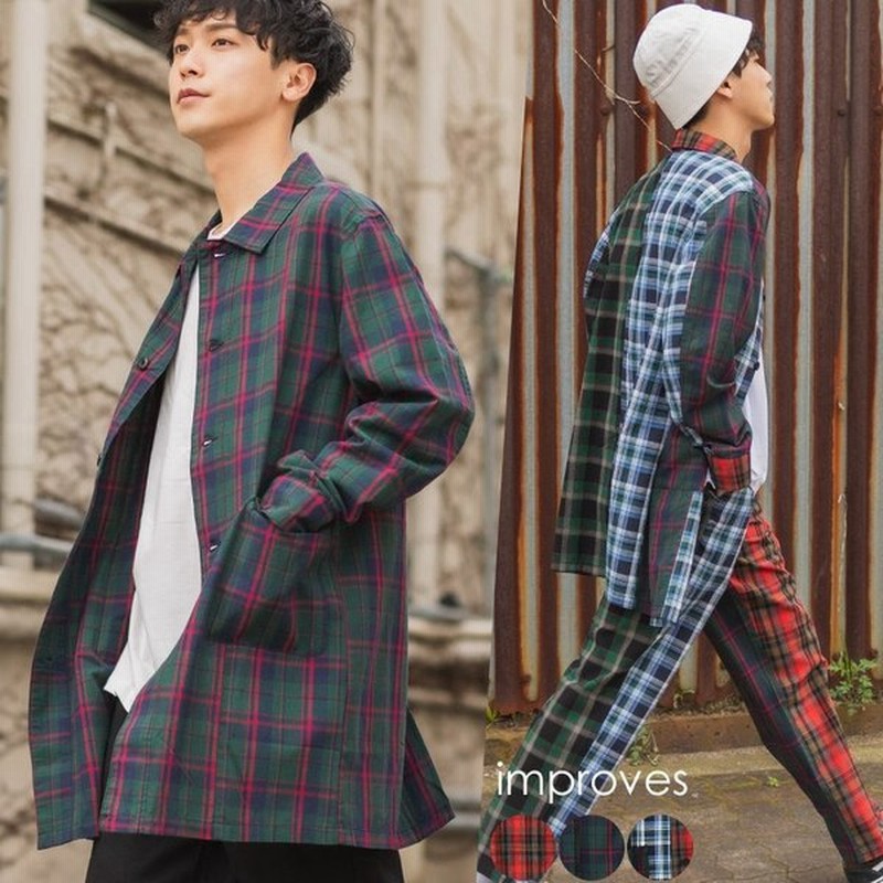 ショップコート メンズ チェックコート ロングコート ステンカラーコート チェスターコート ロング丈 ジャケット レッド 韓国 Improves 通販 Lineポイント最大0 5 Get Lineショッピング