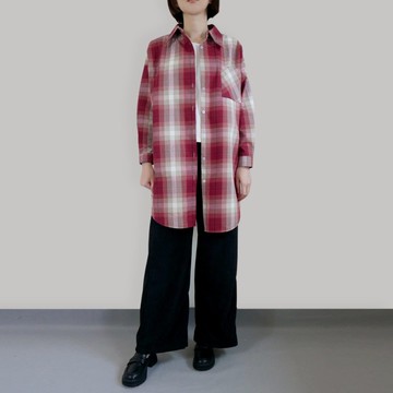 紅色尖領格紋厚棉長版衫