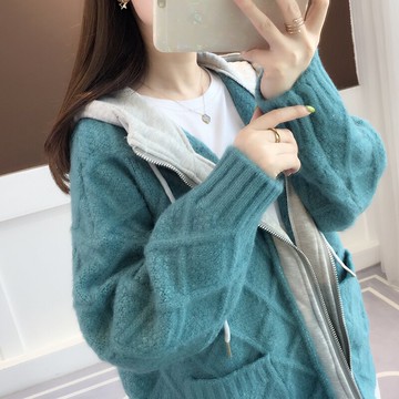 2019春秋韓版假兩件衛衣拼接短款毛衣開衫外套女連帽很仙的針織衫