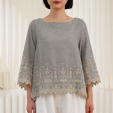 刺綉鈎花條紋九分袖上衣121517C