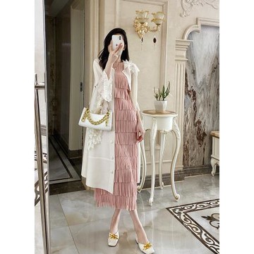 源思潔褶皺仙女氣質流蘇連衣裙無袖背心裙高級夏新顯瘦直筒打底