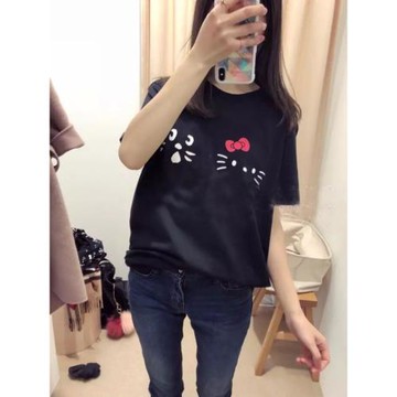 【餓飽集體】日系小眾kt驚訝兩貓合體卡通t恤女短袖萌系可愛上衣