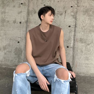 汗衫背心男夏季潮流美式高街ins無袖t恤簡約純色圓領運動坎肩上衣