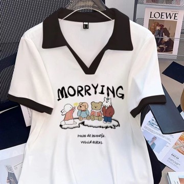 胖胖美依 上衣 短袖T卹 印花上衣 中大碼M-4XL新款撞色短袖設計感V領寬鬆顯瘦遮肉上衣-7287.