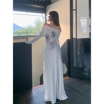 "午夜郁金香"水墨藍暈染印花加絨彈力一字領針織連衣裙女春秋冬裝