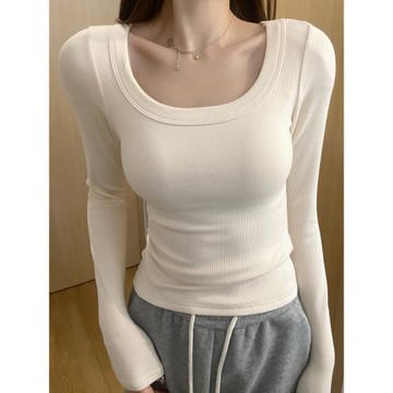 低領鎖骨辣妹打底衫長袖T恤女秋冬2025新款基礎內搭方領絕美上衣