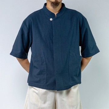 五分袖口袋襯衫-男  天然棉麻 | 午夜藍