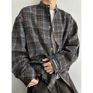 美式復古藍咖色格子襯衫男款春秋潮牌慵懶風襯衣cleanfit呢料外套