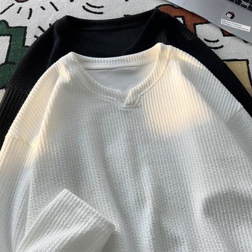 春季v領長袖t恤男肌理設計感小眾打底衫2023新款情侶裝高級感衛衣