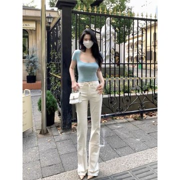 347S【韓國入私服小白褲】有人問就出啦高腰微喇叭顯瘦彈力牛仔褲