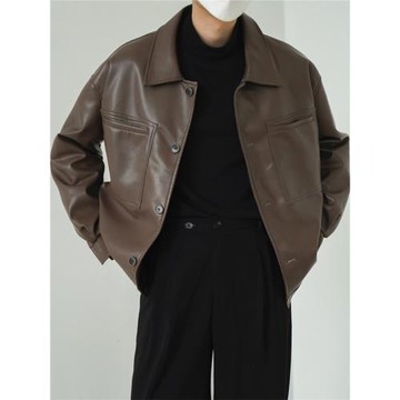 春秋季高品質復古韓風情侶機車皮男翻領休閑寬松短款情侶夾克外套