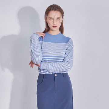 【MASTINA】配色條紋長袖針織衫 藍 灰
