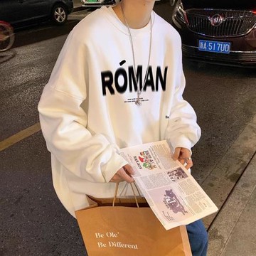 2025秋冬季純棉港風字母印花白色無帽圓領衛衣男加絨加厚寬松上衣