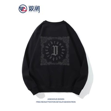 圓領衛衣男美式潮牌秋冬款hiphop復古腰果花加絨加厚寬松情侶外套